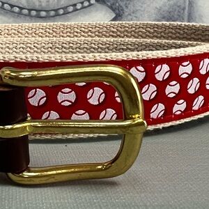 Preston Made In New England Mens Leather and Baseball Print Canvas Belt NWOT